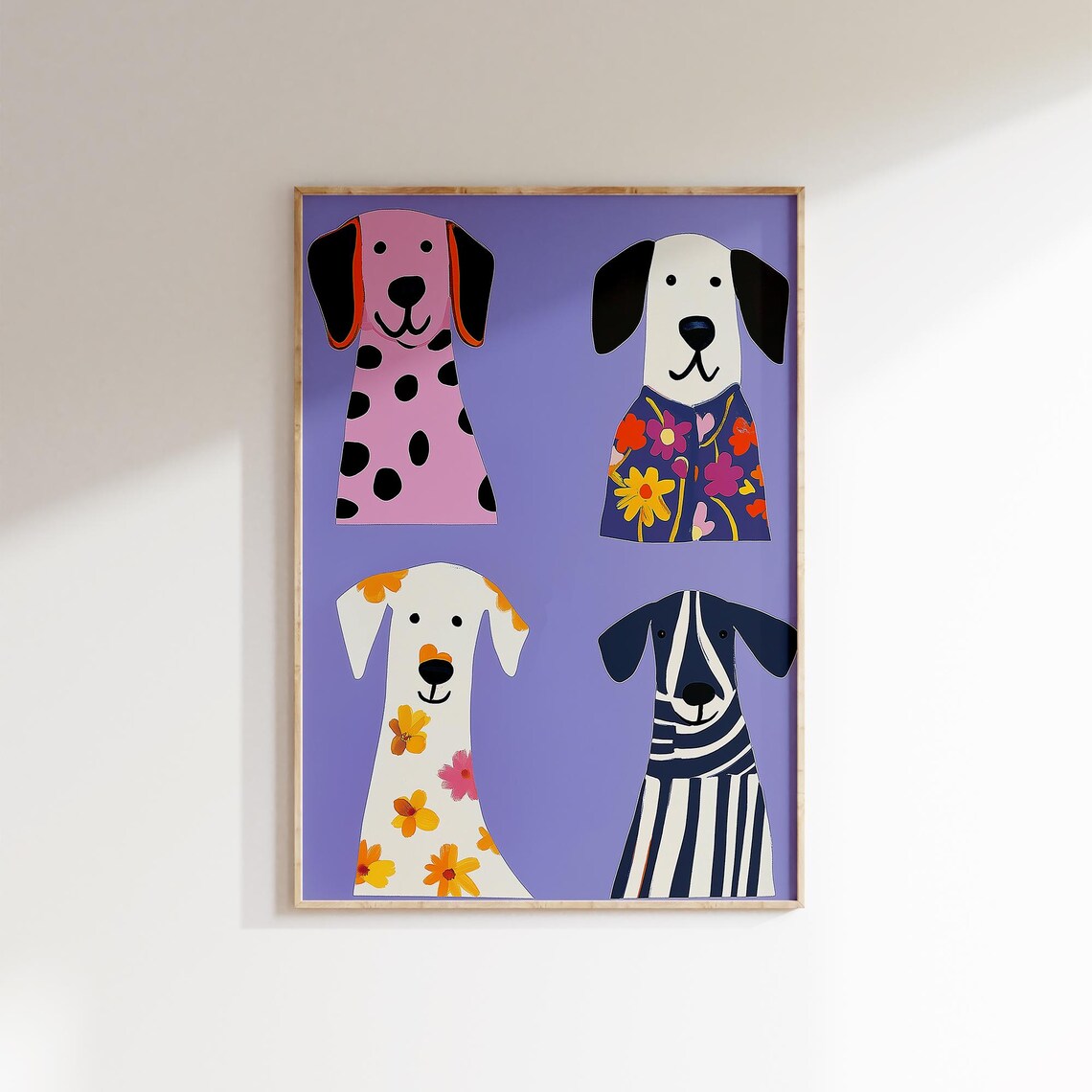 Vibrant Dogs Poster Four Floral Spotted Pups Lavender Kids Room Poster - Image 2