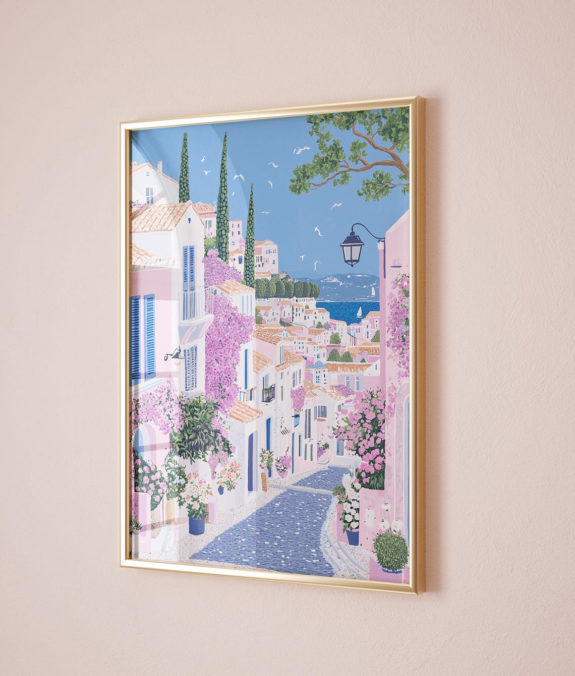 Greek Street Art Print Mediterranean Village Pink Bougainvillea Coastal Wall Art Summer Travel Print European Decor - Image 2