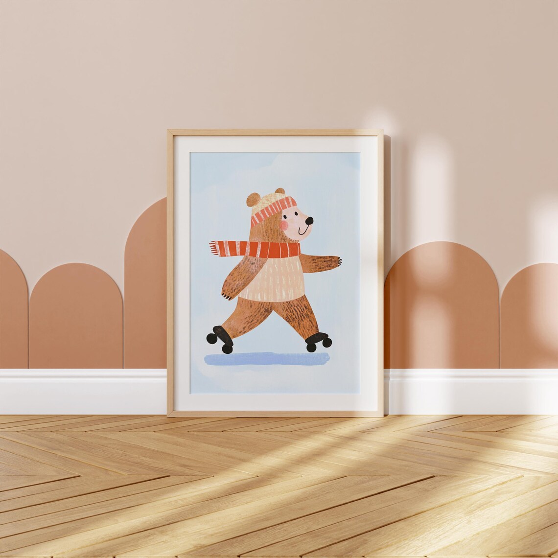 Winter Bear Ice Skating in Knit Hat and Scarf Kids Room Poster - Image 3