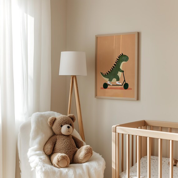 Green Dinosaur on Scooter Wearing Sneakers Kids Dino Art Poster