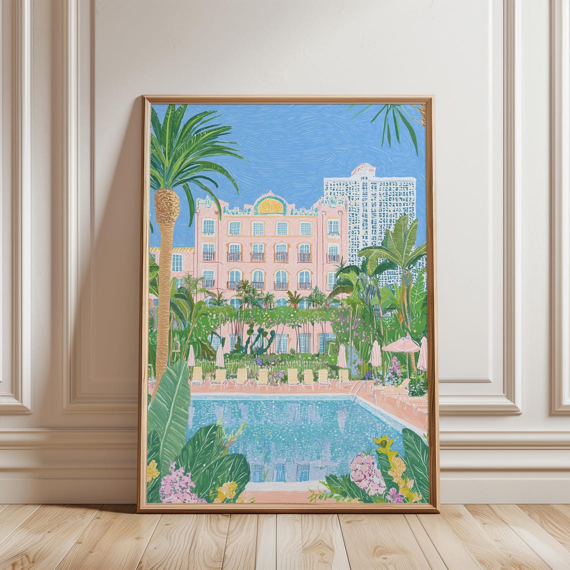 Tropical Resort Hotel Pool Palm Trees Lounge Chairs Summer Poster