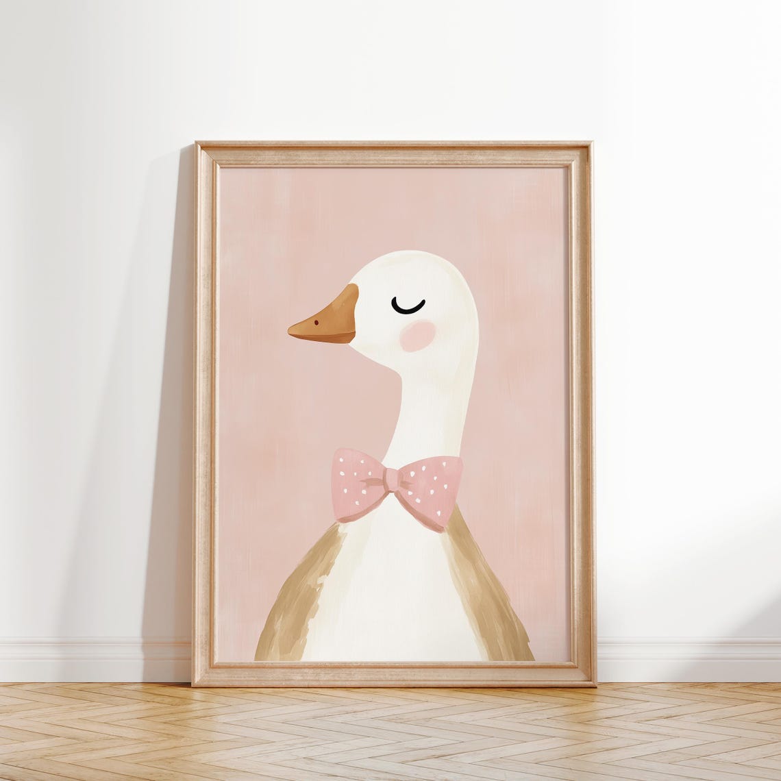 Charming White Goose With Polka Dot Pink Bow Tie Nursery Poster