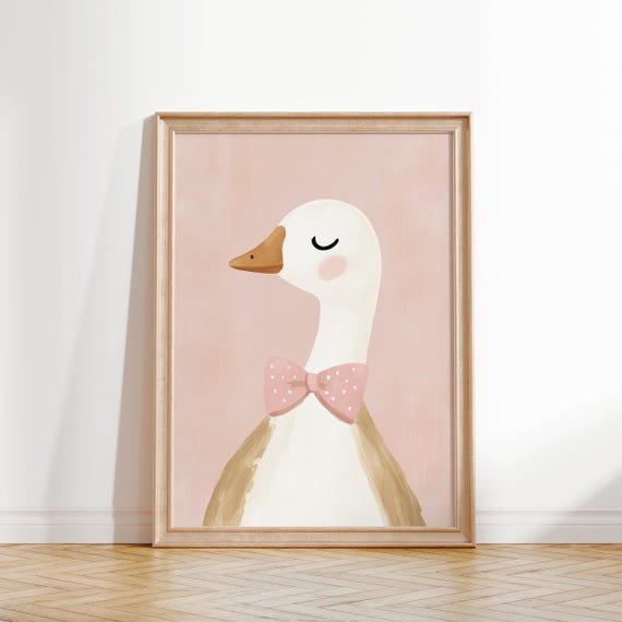 Goose With Bow Print Girls Nursery Wall Art Pink Goose Decor Cute Animal Poster Playroom Art Pink Girls Room Decor