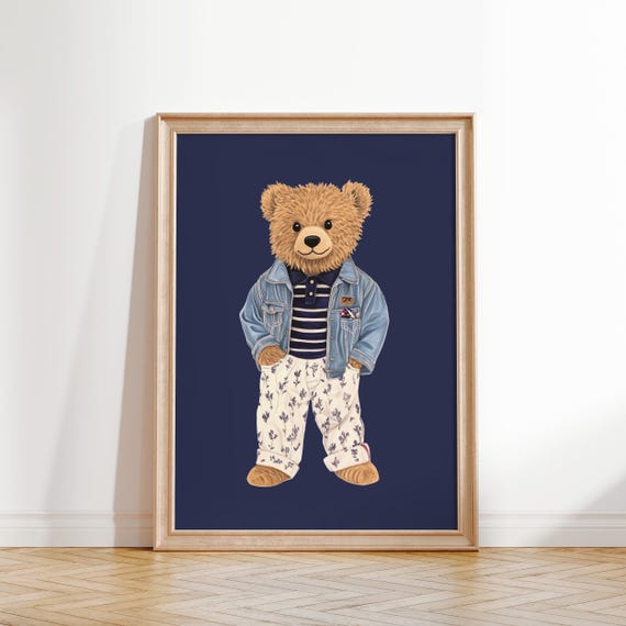 Vintage Polo Bear Wall Art Preppy Nursery Decor Retro Animal Print Kids Room Poster Baby Room Wall Art Boys Room Decor