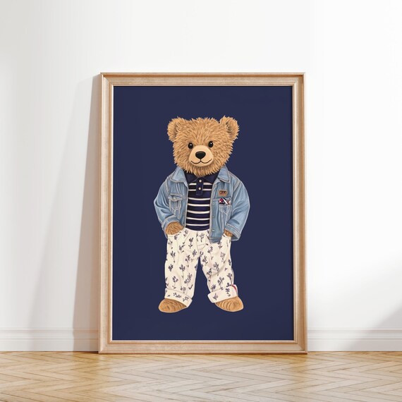 Vintage Teddy Bear Denim Jacket Striped Shirt Nursery Decor Poster