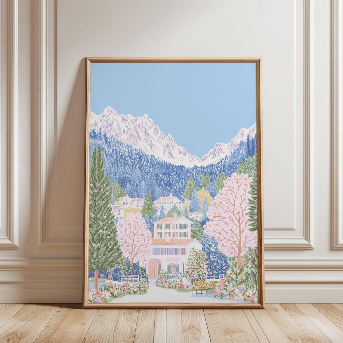 Alpine Chateau Spring Blossom Snowy Peaks Garden Landscape Poster