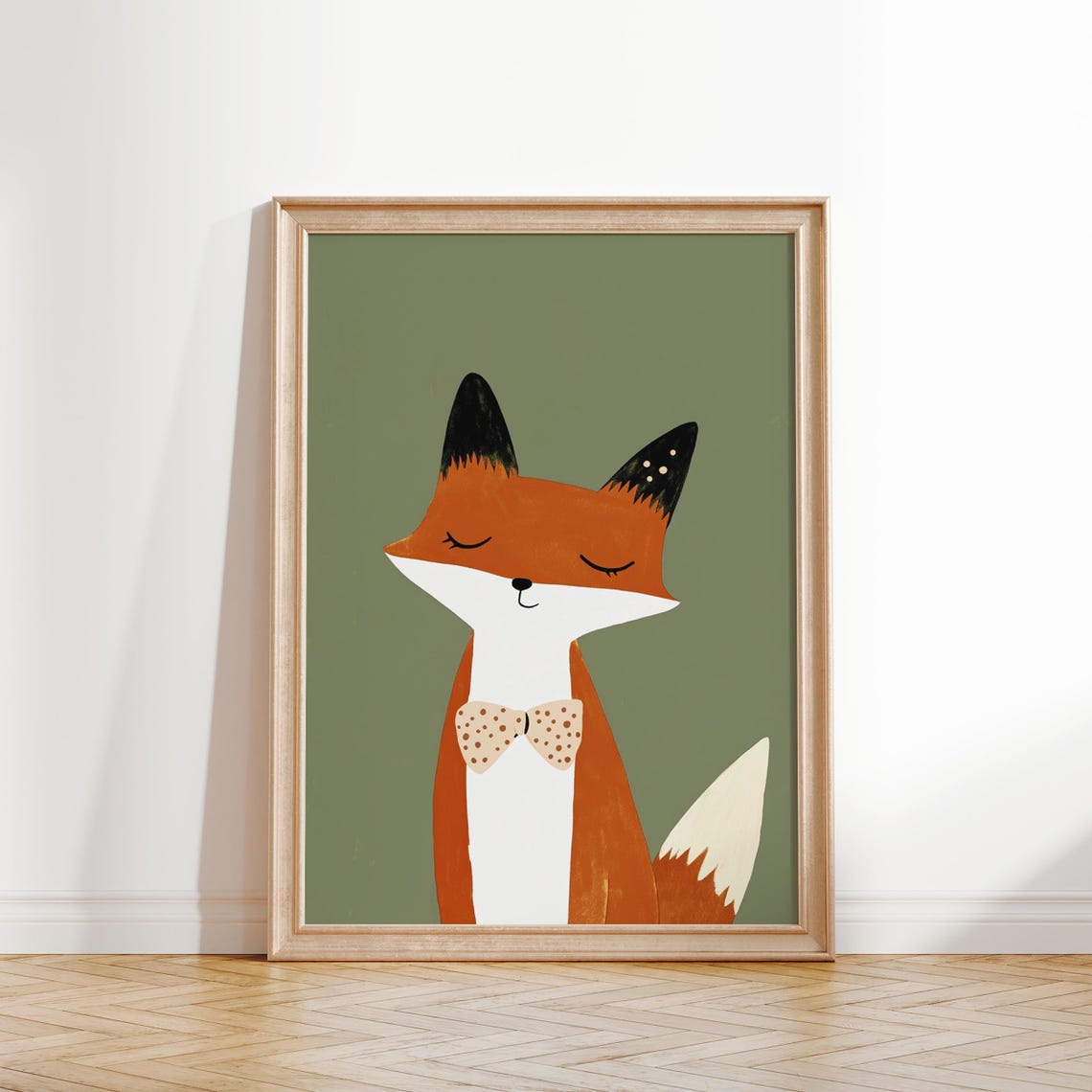 Sweet Sleepy Fox in Bow Tie Green Background Nursery Wall Art - Image 2