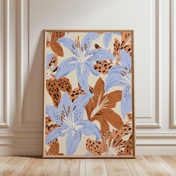 Tiger Lily Flower Print Blue Orange Modern Botanical Summer Poster