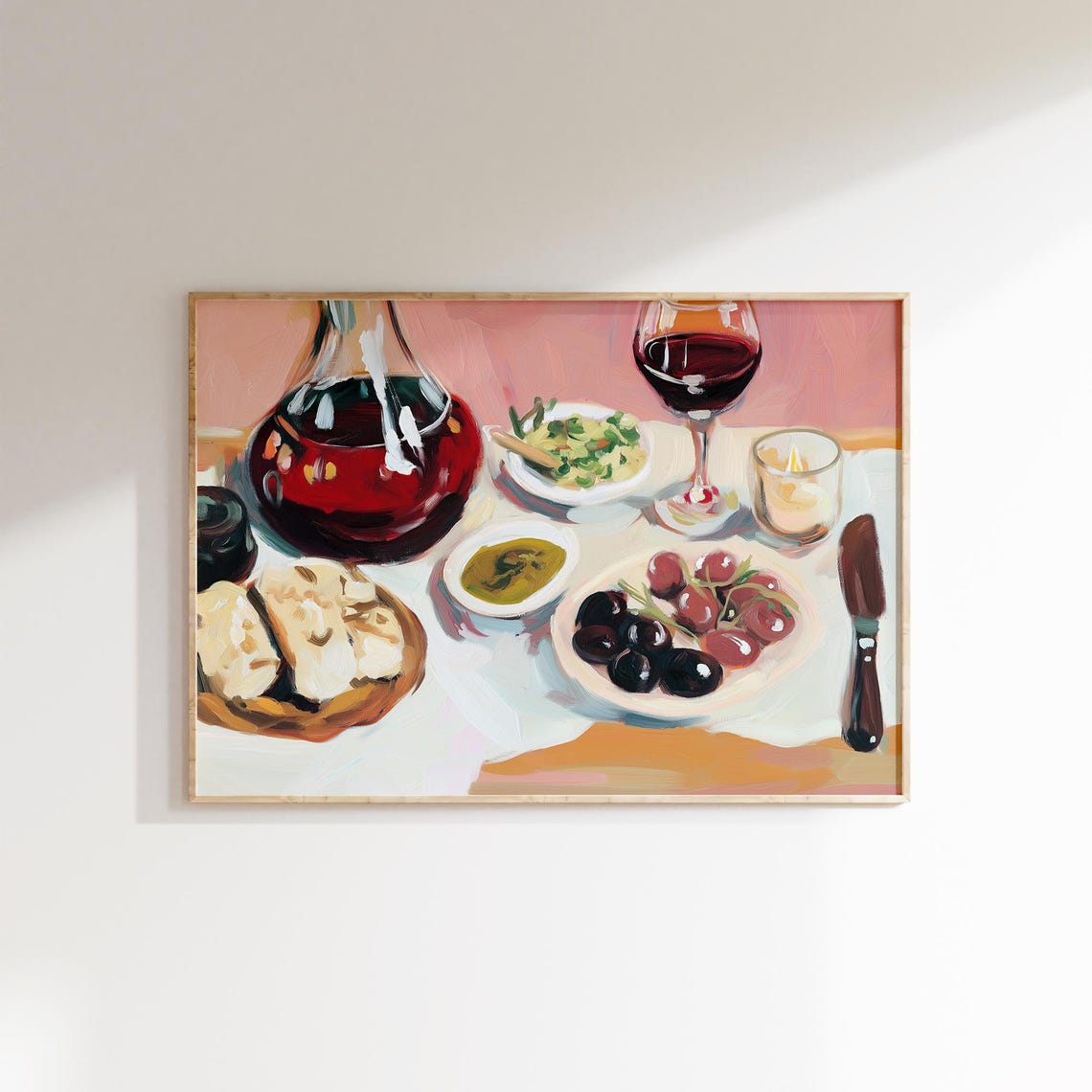 Mediterranean Table Red Wine Decanter Bread Olives Salad Art Poster