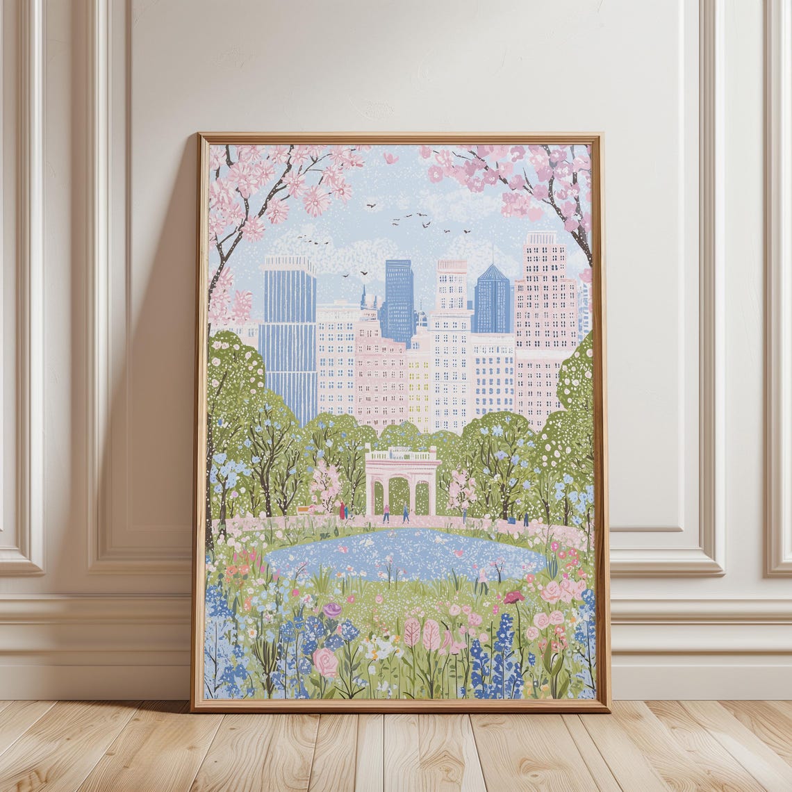 Central Park New York City Spring Cherry Blossom Skyline Poster