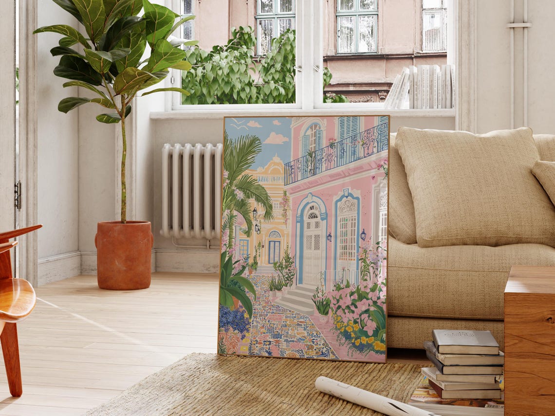 Mediterranean Street Portuguese Tiles Pink Building Sunny Poster - Image 2