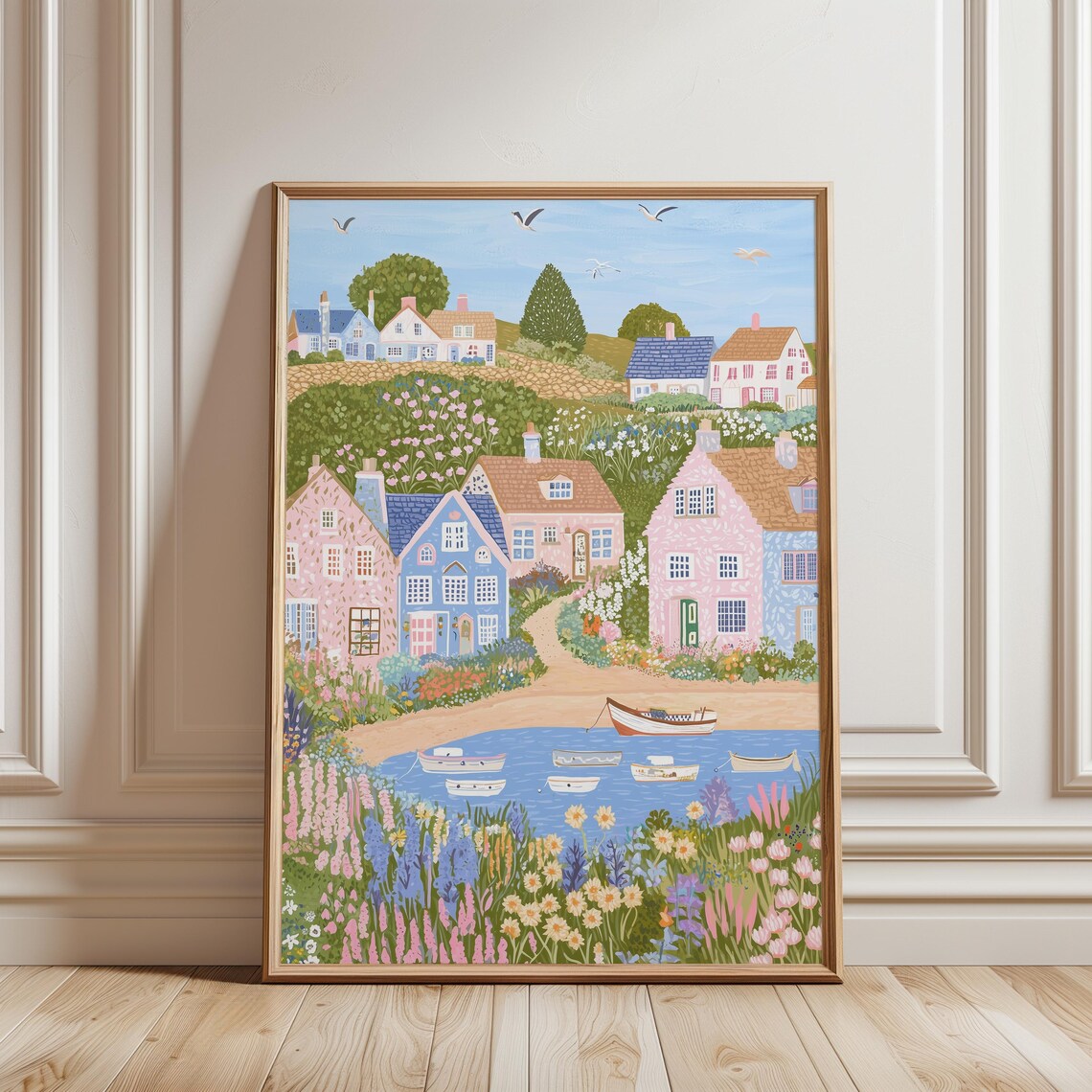 English Seaside Village Pastel Cottages Harbor Boats Spring Poster