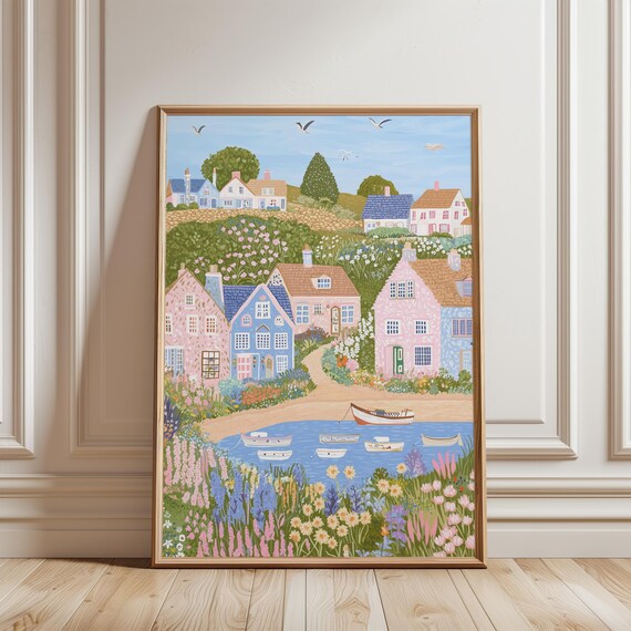 English Seaside Village Pastel Cottages Harbor Boats Spring Poster