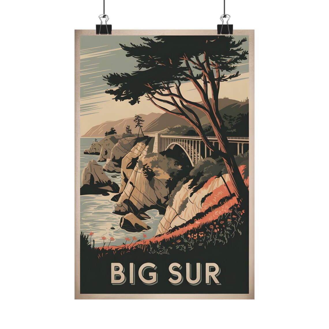 Big Sur Retro Travel Poster, Coastal Landscape