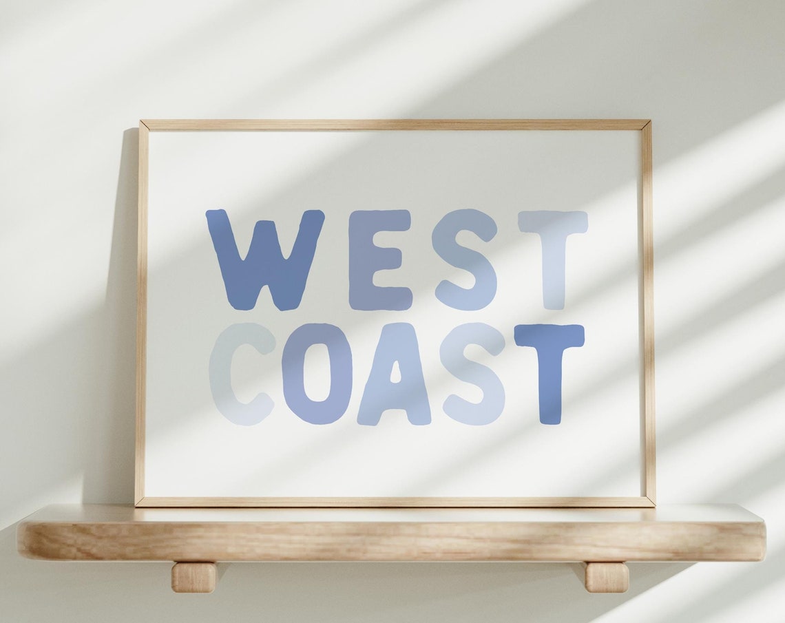 West Coast Blue Bubble Letters Coastal Beach House Decor Poster