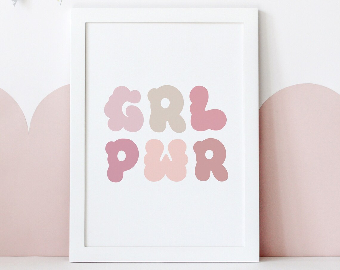 GRL PWR Bubble Letter Retro Pink Girl Power Girls Nursery Poster