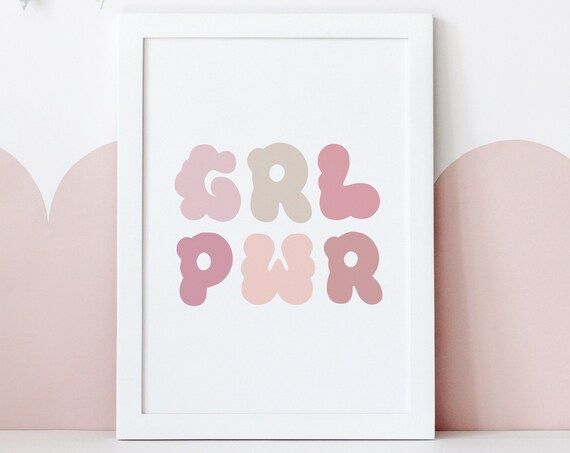 GRL PWR Bubble Letter Retro Pink Girl Power Girls Nursery Poster