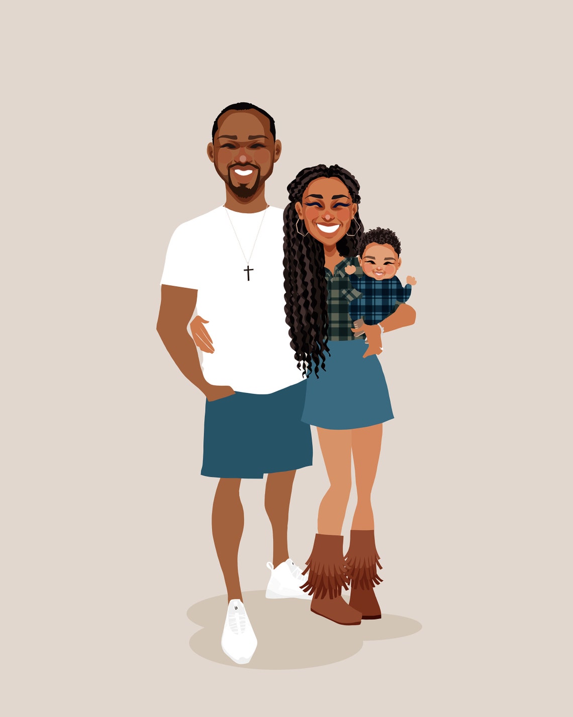 Custom Illustrated Family of Three Portrait With Baby on Beige Poster - Image 6