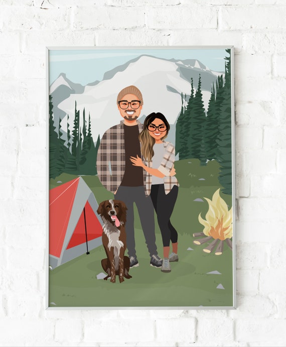 Custom Illustrated Couple Camping Portrait With Mountain Scene Poster