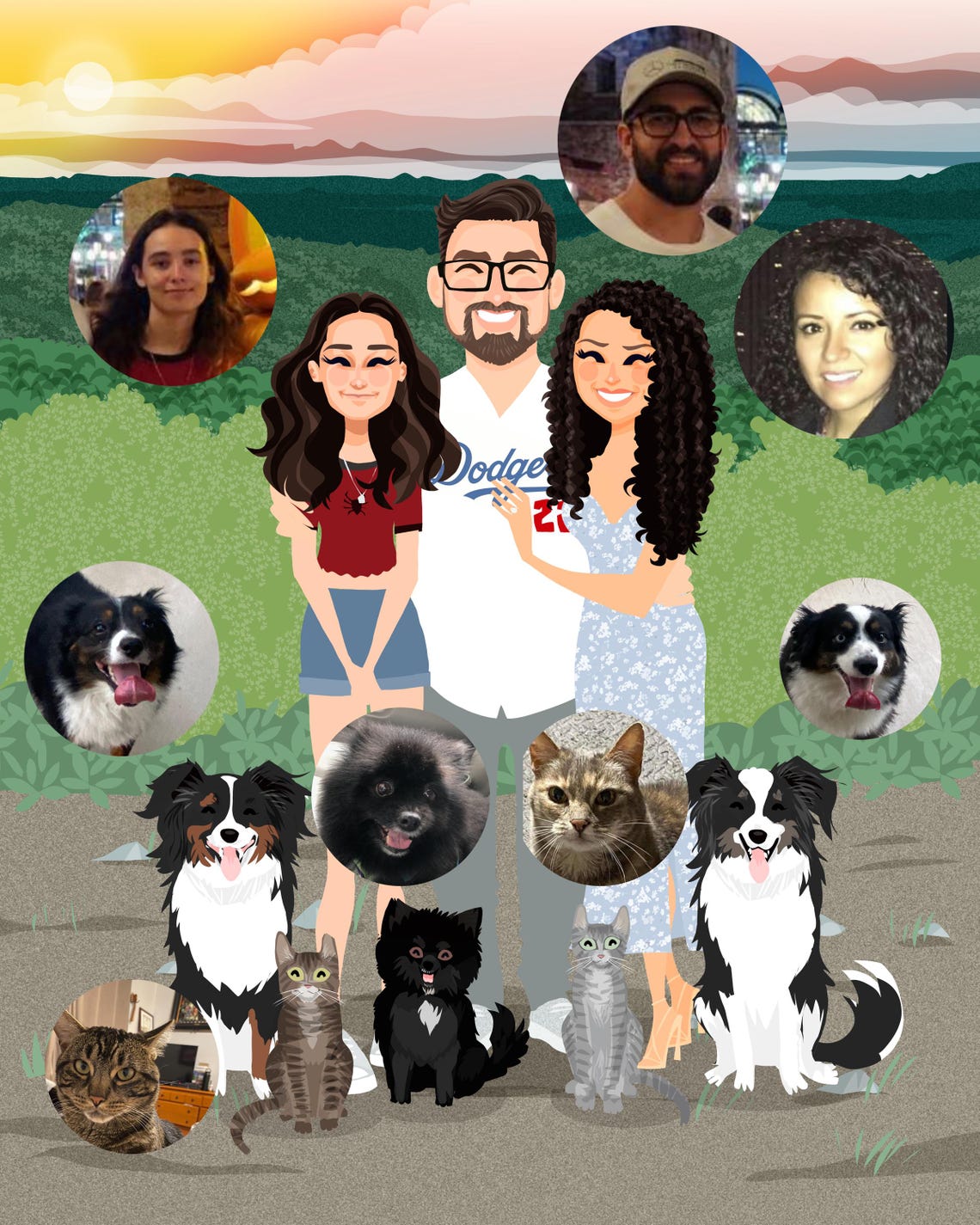 Custom Illustrated Family Portrait With Five Pets and Sunset View Poster - Image 5
