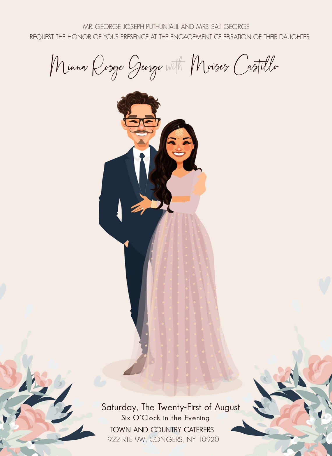 Custom Illustrated Wedding Invitation Couple Portrait Card Poster - Image 5