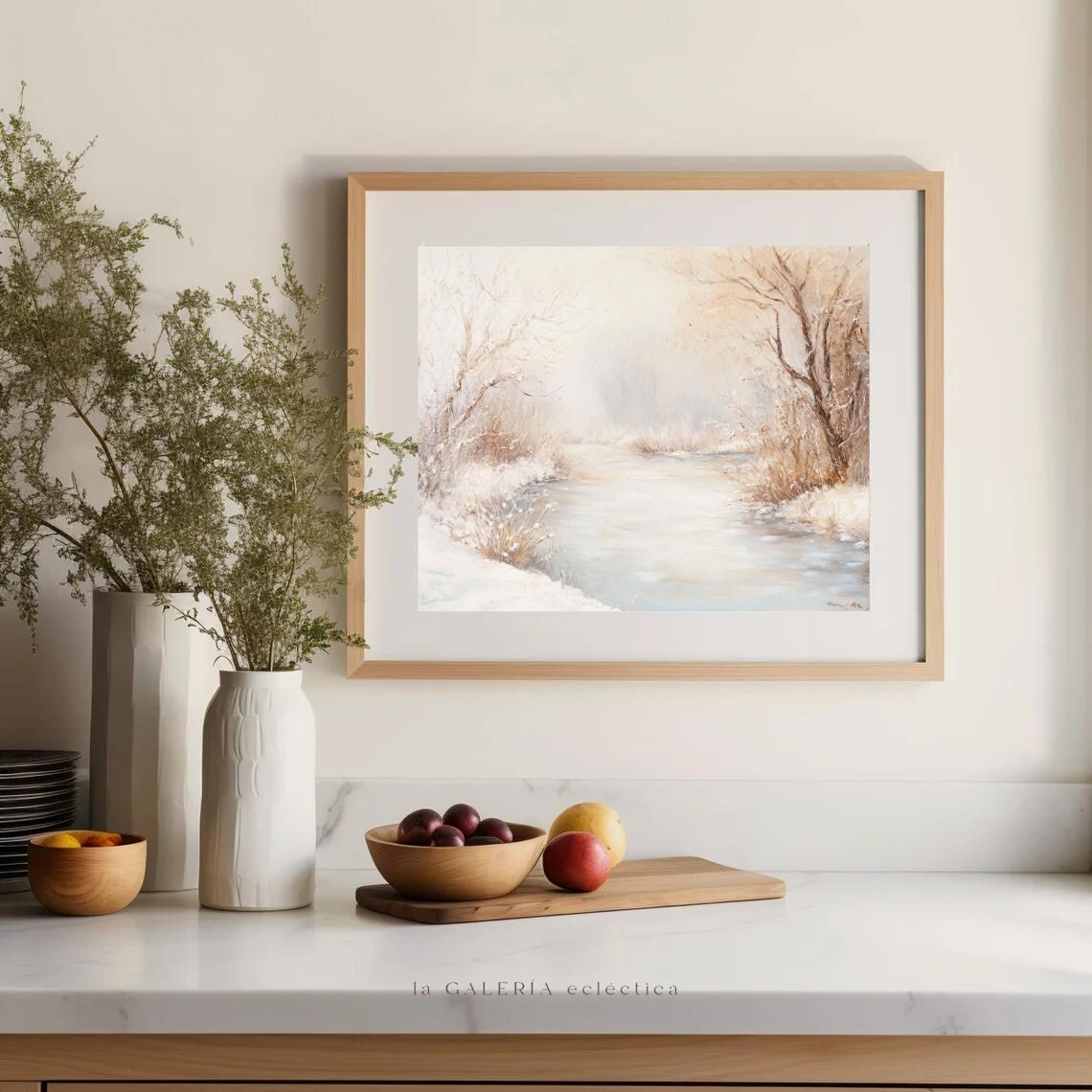 Neutral Antique Winter Creek Misty Forest Oil Painting Art Print - Image 2