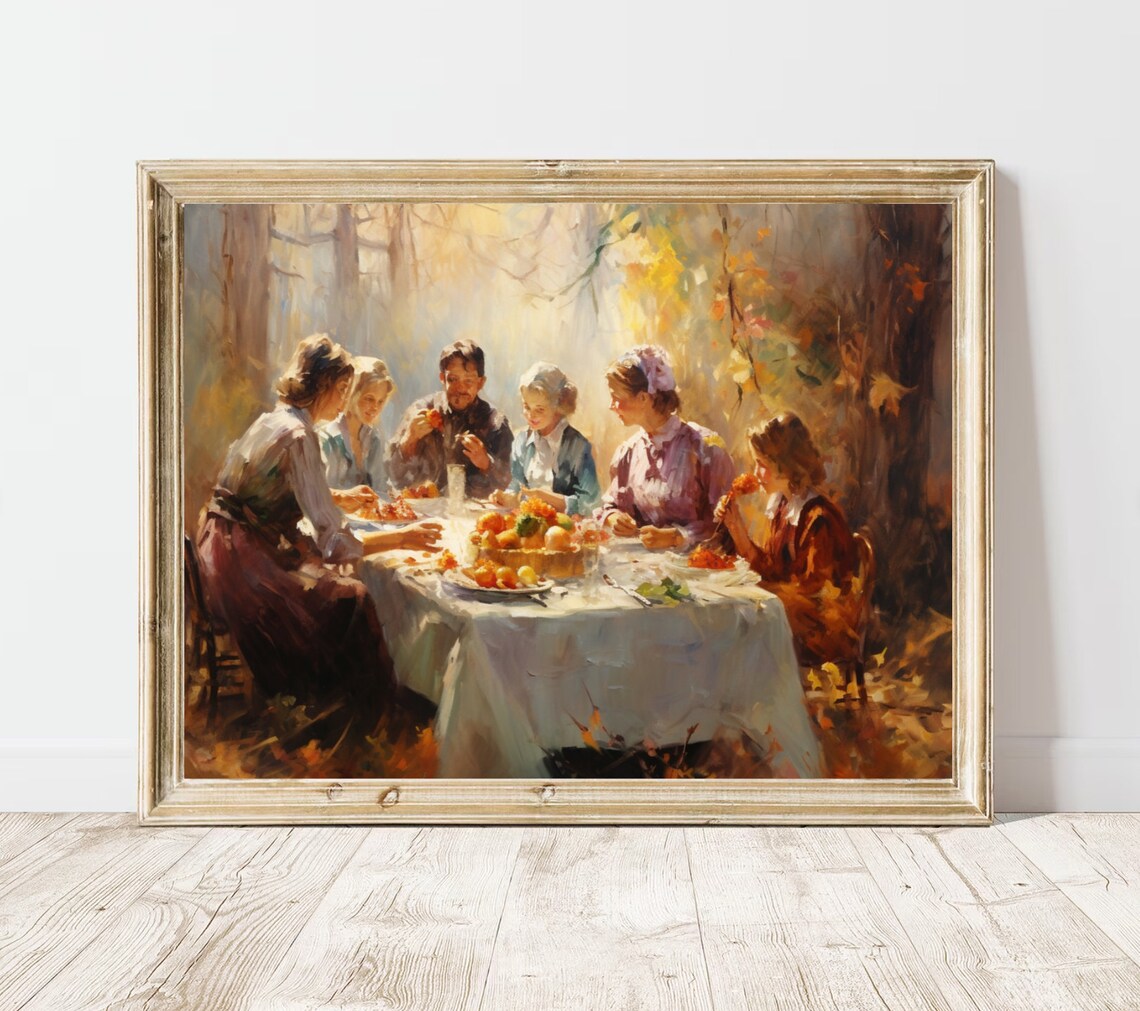 Family Autumn Harvest Feast Warm Golden Forest Oil Painting Poster - Image 3