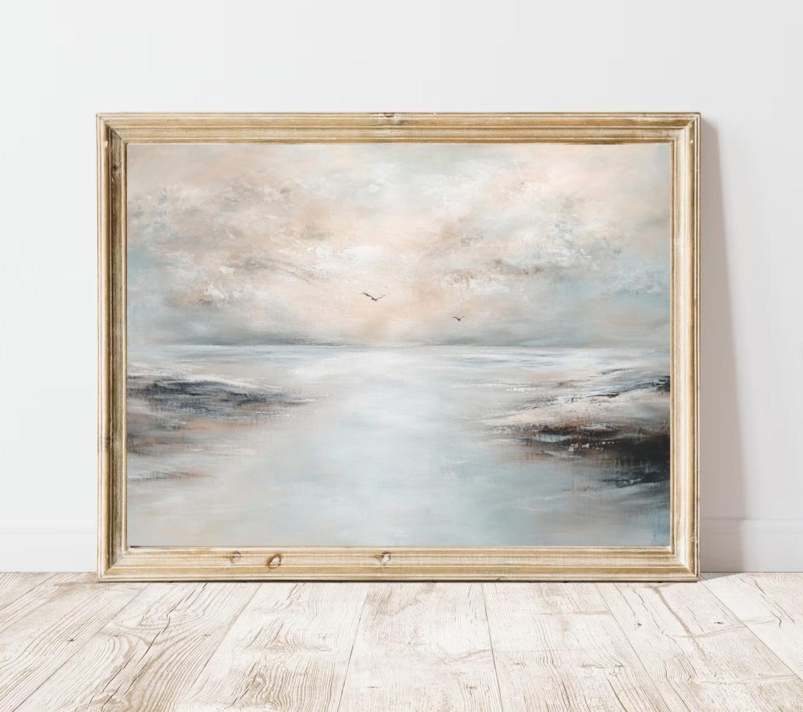 Neutral Antique Misty Seascape Painting Seagulls Vintage Art Print - Image 3
