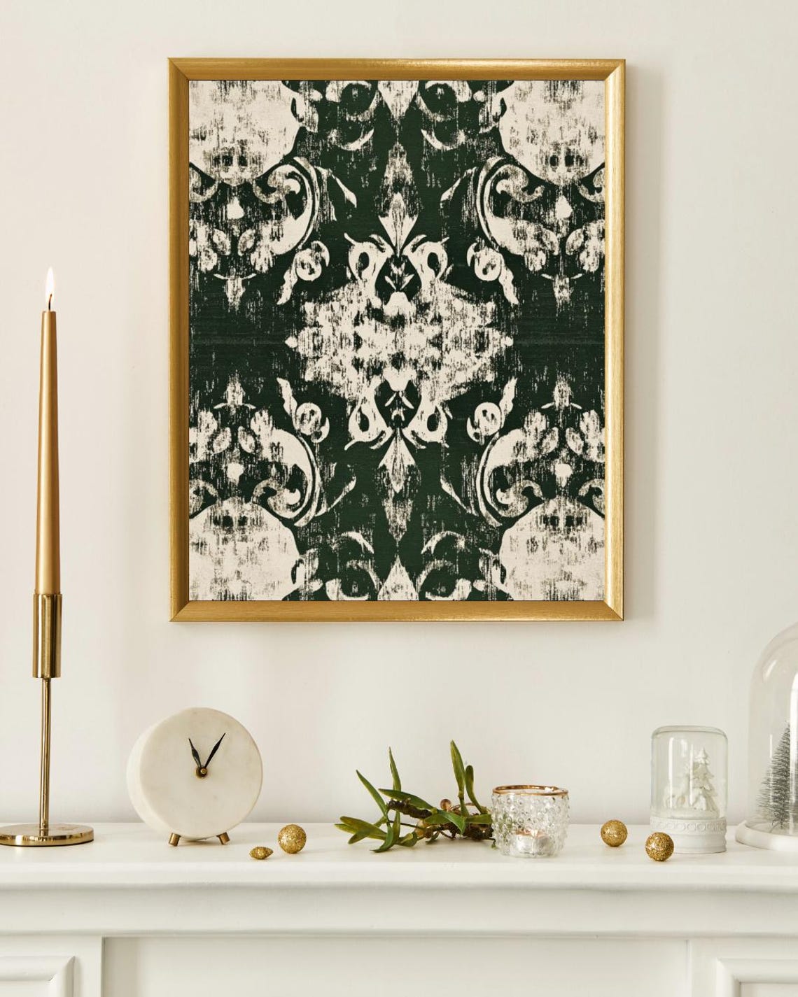Dark Green Damask Vintage Textile Pattern Elegant Holiday Art Print - Image 3