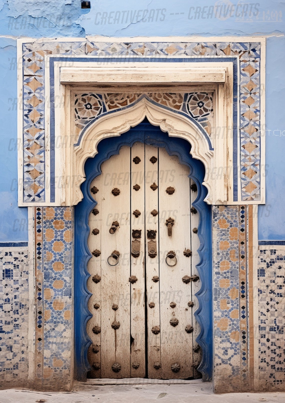 Blue White Moroccan Door Mosaic Tile Arched Entryway Art Print - Image 2