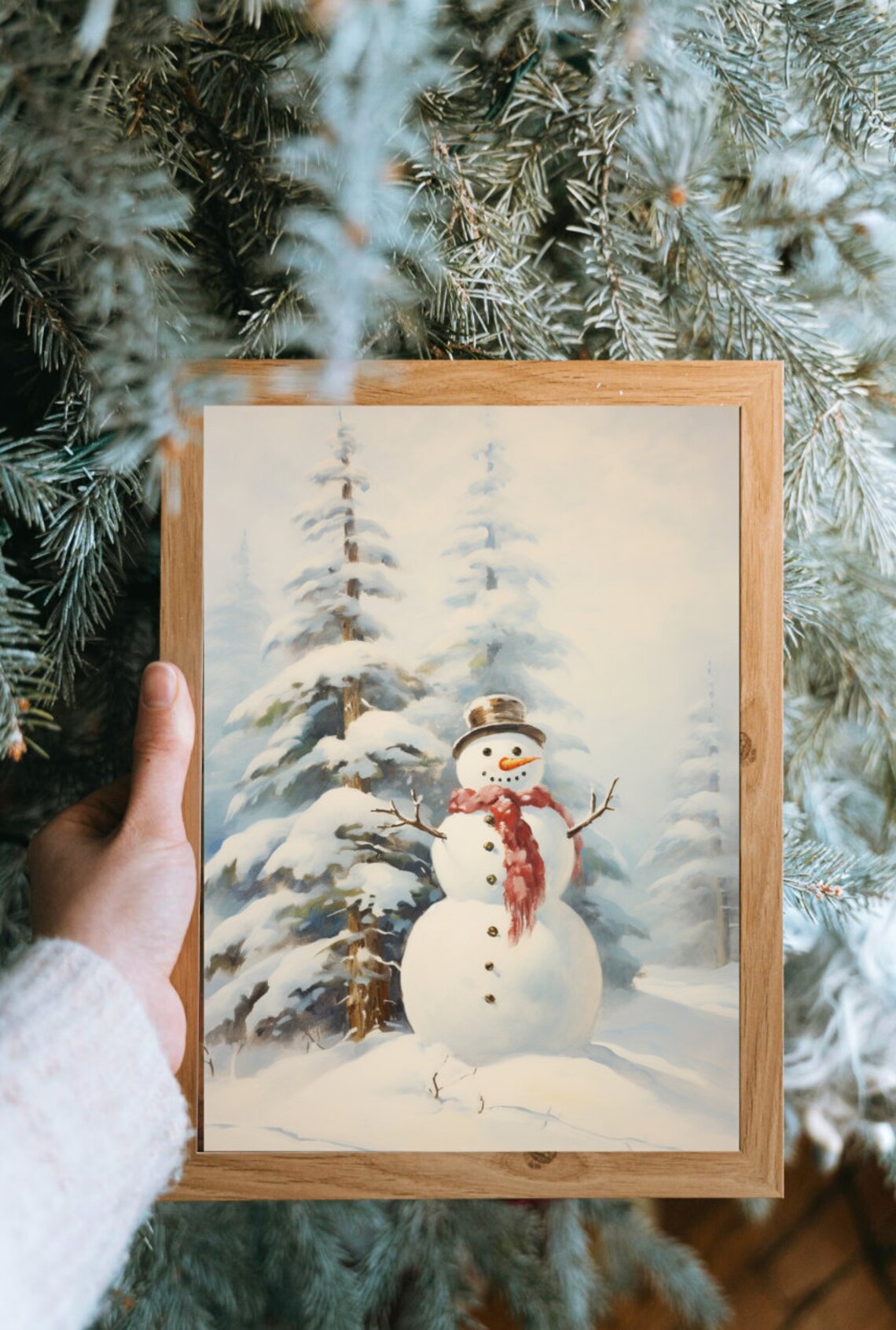 Snowman In Snowy Forest Vintage Oil Painting Red Scarf Winter Poster - Image 4