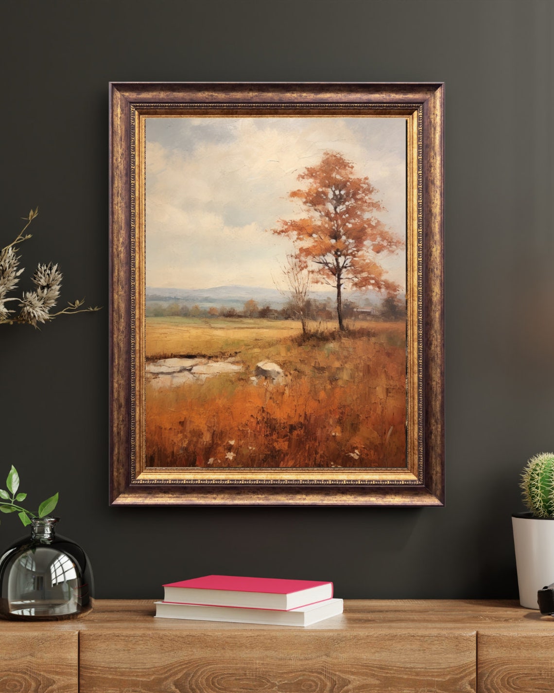 Golden Autumn Field Lone Orange Tree Countryside Painting Poster - Image 4