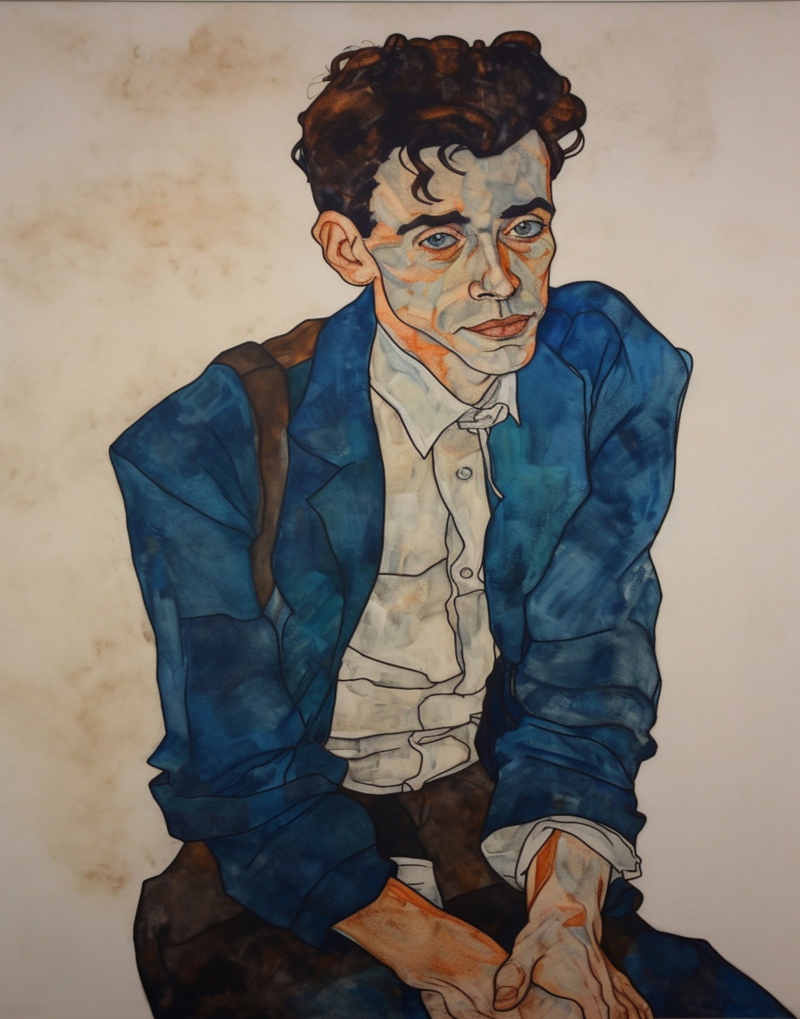Egon Schiele Inspired Self Portrait Blue Jacket Expressionist Poster - Image 3
