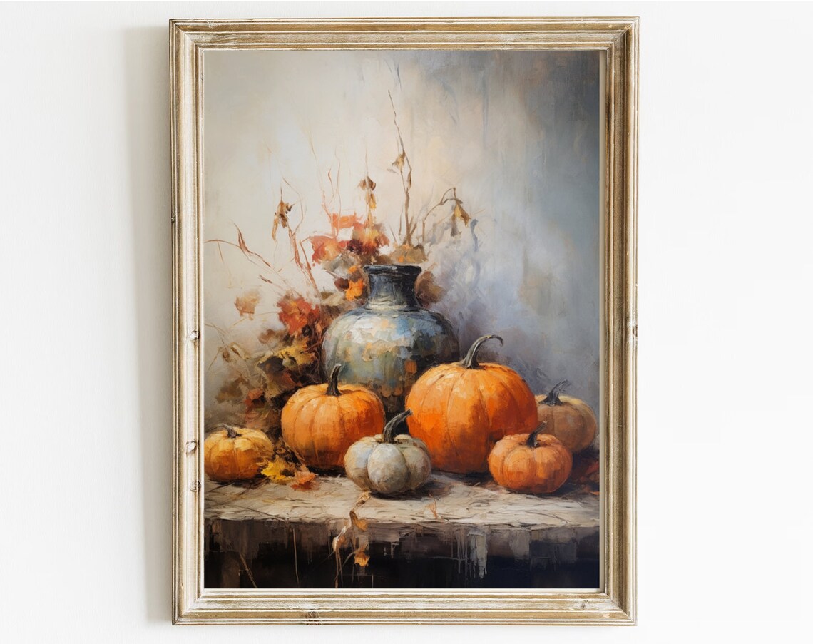 Pumpkins And Blue Vase Autumn Still Life Muted Neutral Harvest Poster