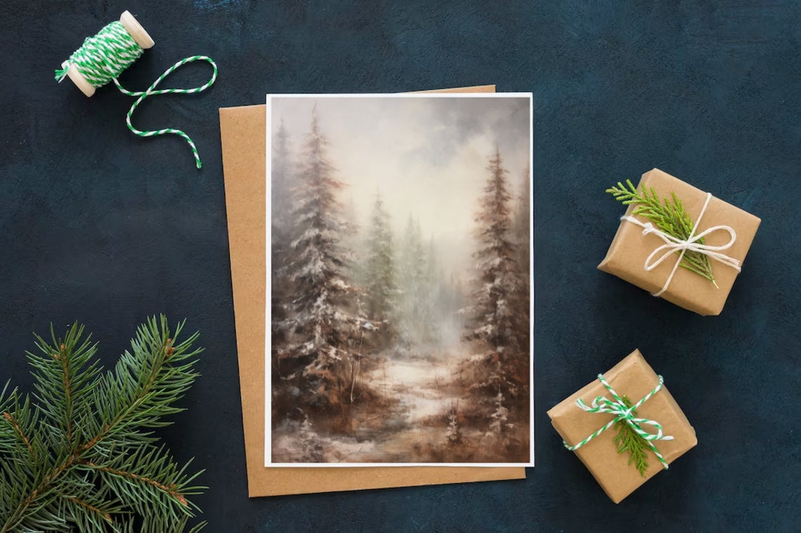 Misty Winter Pines Soft Snowfall Serene Forest Painting Poster - Image 3