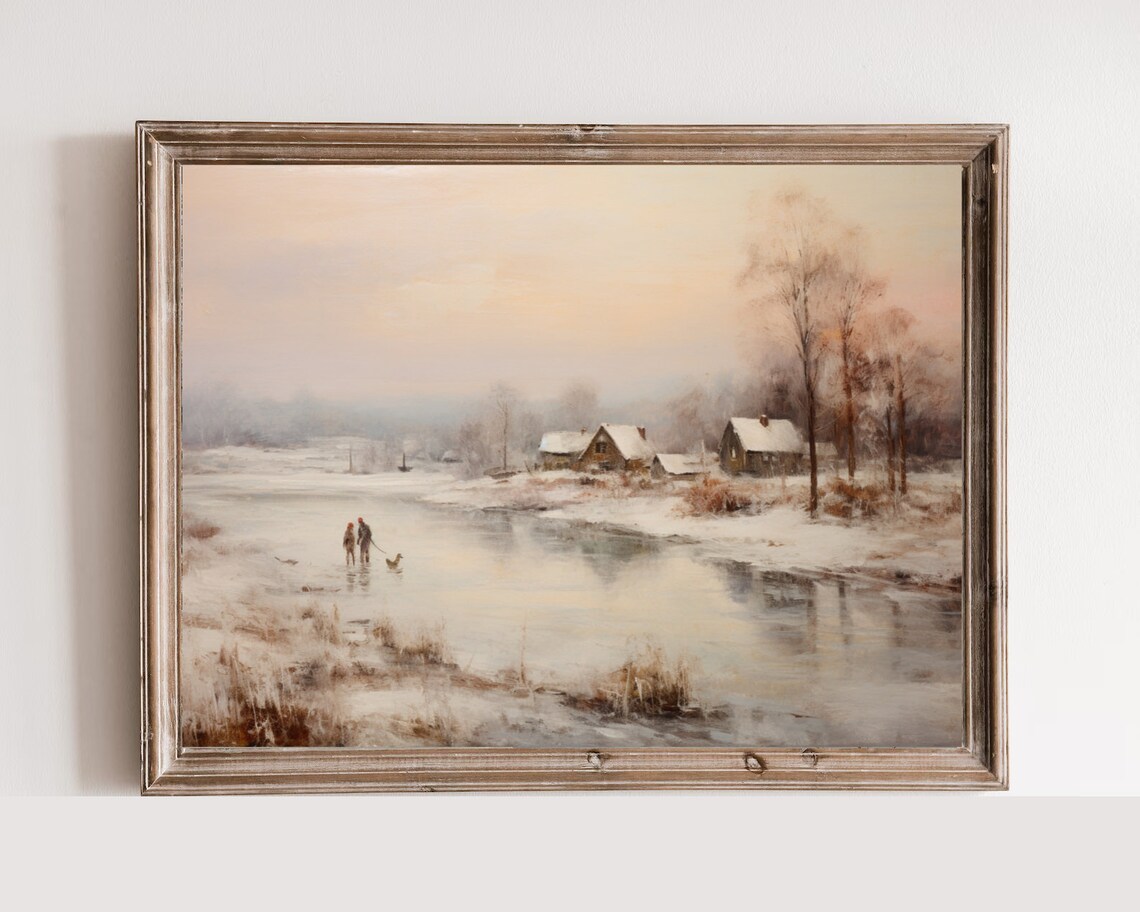 Frozen Lake Skaters Vintage Moody Winter Landscape Painting Art Print