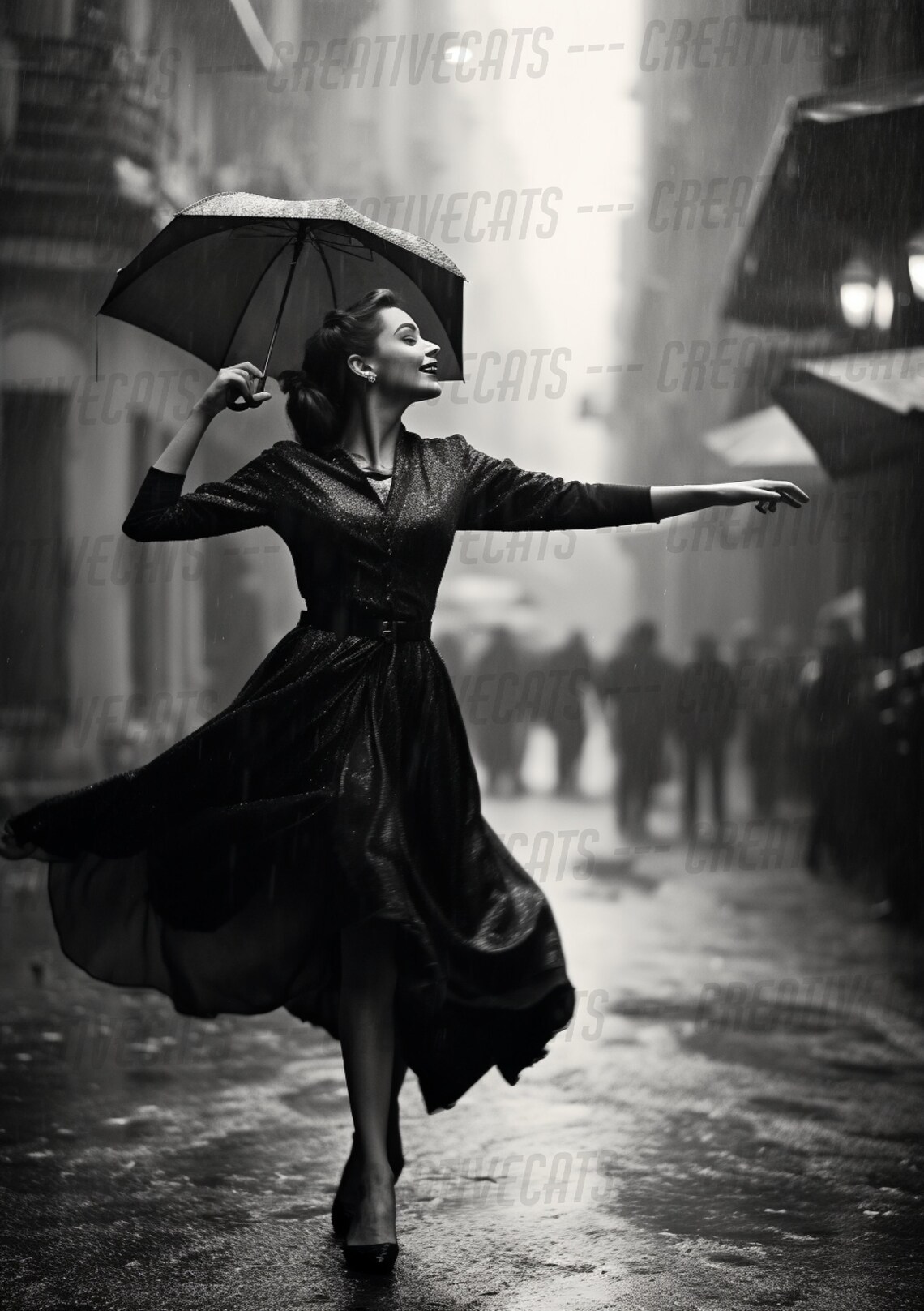 Vintage Dancing In The Rain Woman With Umbrella Street Scene Poster - Image 3