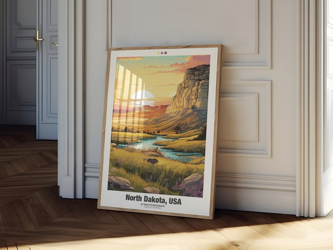 North Dakota Sunrise River Valley Cliff Nature Travel Poster - Image 2
