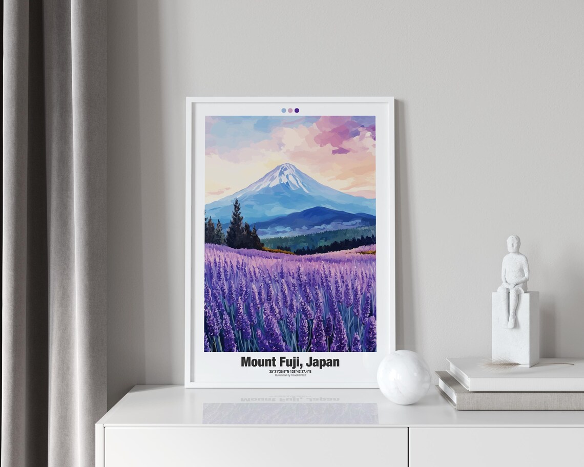 Mount Fuji Japan Travel Poster Lavender Field Sunset Illustration Art - Image 3