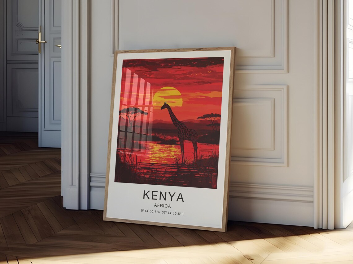 Kenya Africa Travel Poster Giraffe Sunset Savanna Silhouette Artwork - Image 3