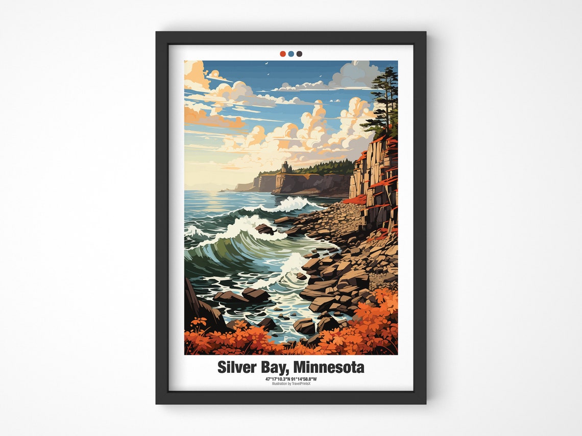 Silver Bay Minnesota Poster Rocky Shore Waves Autumn Foliage Art