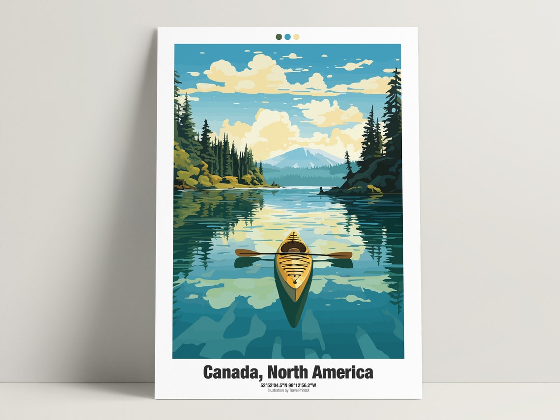 Canada Canoe Mirror Lake Evergreen Forest Mountain Peak Travel Poster - Image 3