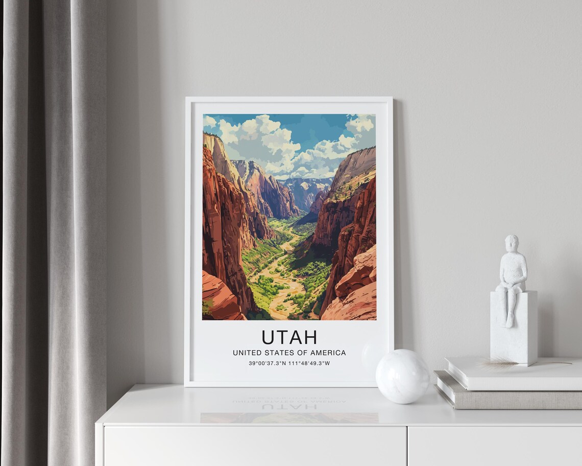 Utah USA Travel Poster Red Rock Canyon Desert Cliffs Illustration Art - Image 4