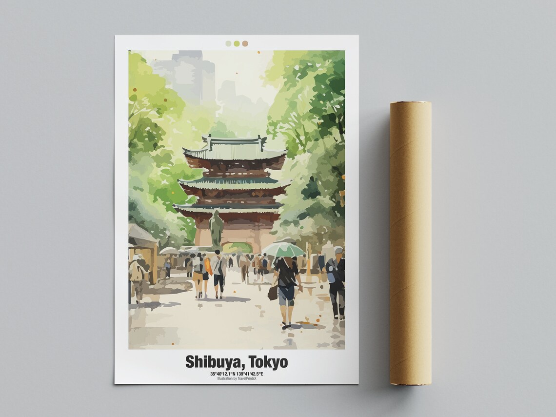 Shibuya Tokyo Traditional Temple Pagoda Lively City Park Travel Poster