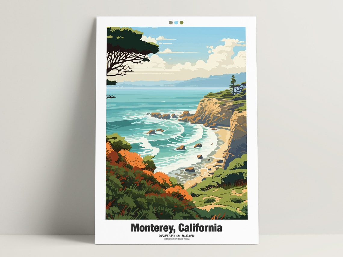 Monterey California Rocky Coast Cliffs Turquoise Waves Travel Poster - Image 3