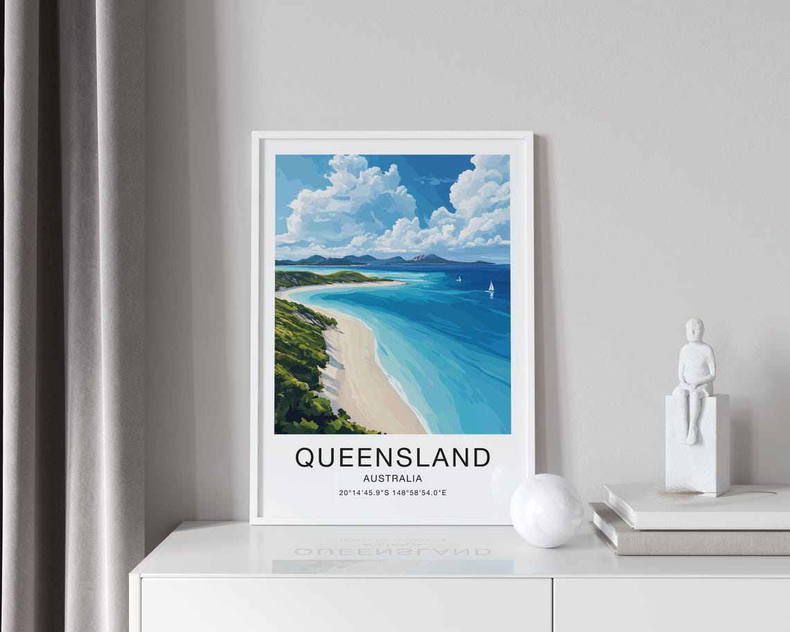 Queensland Australia Travel Poster Curving Beach Sailboats Ocean Art - Image 4