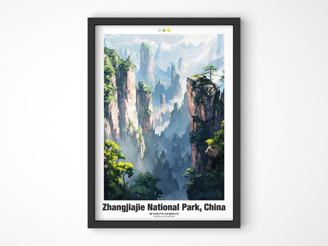 Zhangjiajie National Park China Poster Misty Sandstone Pillars Artwork