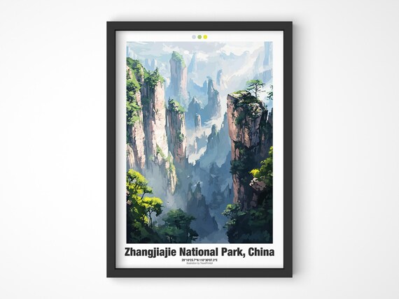 Zhangjiajie National Park China Poster Misty Sandstone Pillars Artwork