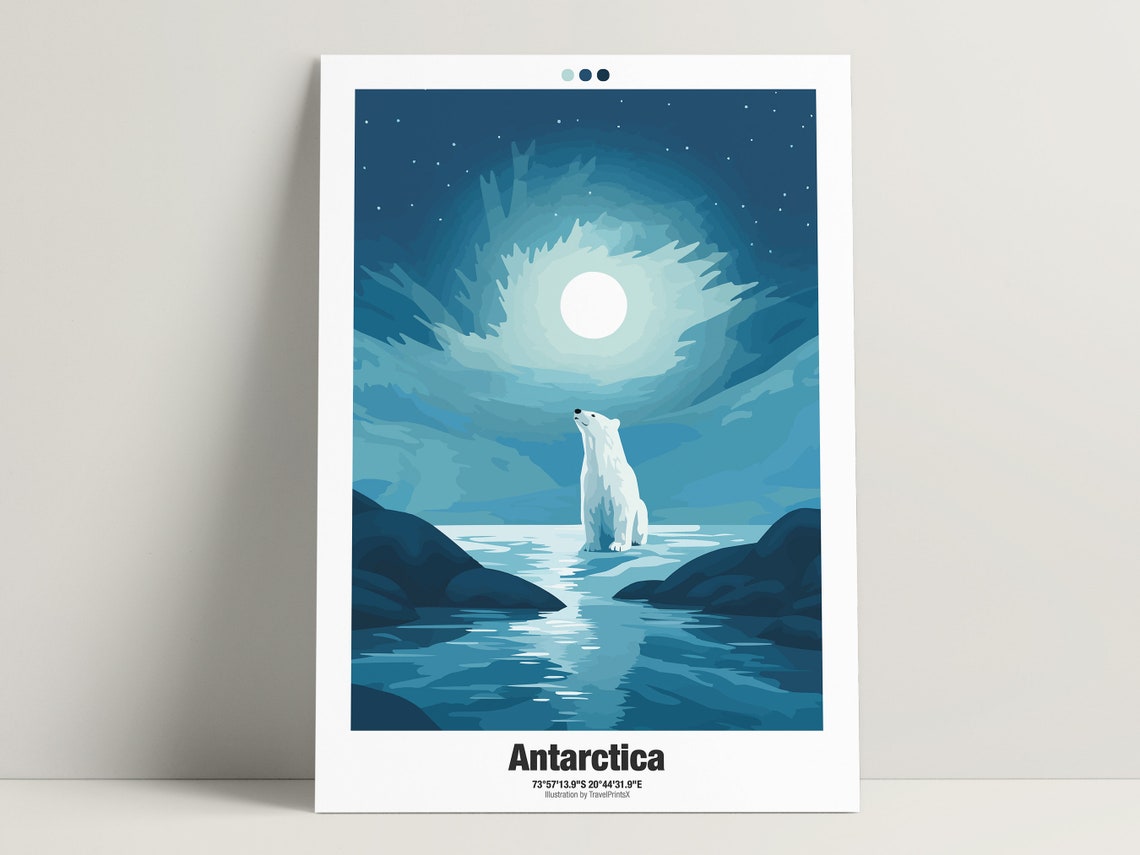Antarctica Travel Poster South Pole Travel Art Polar Bear Illustration Wall Art - Image 3