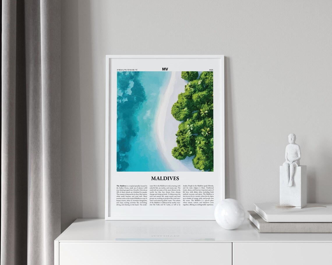 Maldives Tropical Island Travel Poster Aerial Beach Illustration Art - Image 4